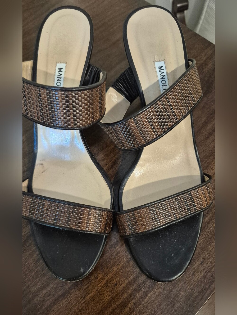 Manolo Blahnik Brown Woven Leather Slide Mules